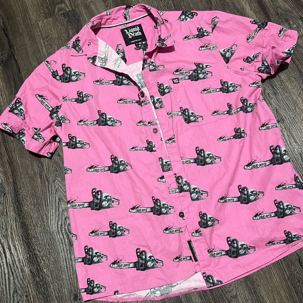 Liquid death XL pink chainsaw button down shirt